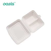 Boîte à lunch jetable écologique à 2 compartiments, nouveau design, à charnière, compatible micro-ondes, en bagasse, étanche et anti-graisse