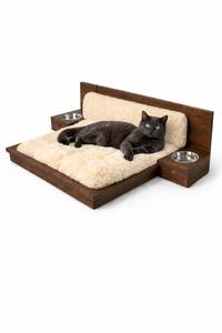 Cama para Mascotas Hecha a Mano de Madera, Casa Moderna para Perros y Gatos con Comederos Integrados, Cama de Lujo para Gatos con Almohadilla - Product Image 3