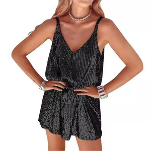 Sequined <b>Slip</b> Dress <b>Women</b> V-Neck Sleeveless Short Cocktail Dress Black Gold Pink Green Silver Solid Color Spaghetti Strap Party - Product Image 1
