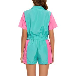 Combinaison coupe-vent une pièce color block pour femme, néon, manches courtes, fermeture éclair sur le devant, taille élastique, satin, séchage rapide, tenue de soirée - Product Image 4