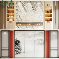 Meuble TV mural SLS de style chinois, console multimédia minimaliste orientale avec murale paysagère et armoire d'affichage LED symétrique
