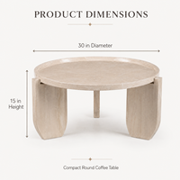 Table basse surélevée en oxyde de magnésium aspect travertin avec plateau rond et support à 3 points pour salon et décoration intérieure