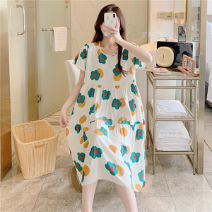 Vêtement de détente en satin de soie de coton de haute qualité pour femmes, col en V, taille élastique, longueur totale, manches courtes, chemise de nuit d'été, grande taille, décontracté - Product Image 4