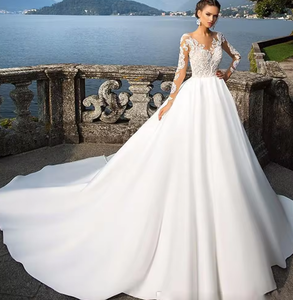Robe de mariée NDB10031, jupe de mariée, manches longues, dentelle, <span class=keywords><strong>grande</strong></span> <span class=keywords><strong>taille</strong></span>, style français, satin, col en V - Product Image 1