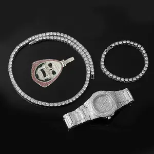 Ensemble montre + bracelet + collier + pendentif HipHop chaîne de tennis en or ensemble cadeau de montre pour hommes montres glacées ensembles de bijoux reloj mujer