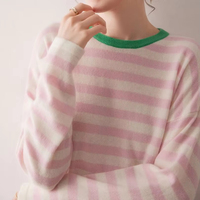 Doux et anti-âge pour femmes 100% pur cachemire/laine col rond rayé brillant coupe ample couche de base tricotée pull décontracté