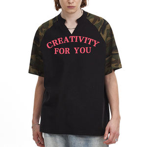 Camiseta de Diseño Urbano con Cuello en V, Camiseta Informal de Punto de Algodón con Camuflaje, Camiseta Raglan - Product Image 2