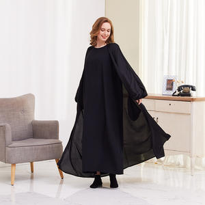 Vente en gros Ensemble deux pièces pour femmes élégante couleur unie robe ceinture Eid Abaya Dubaï Turquie caftan vêtements islamiques en polyester - Product Image 4