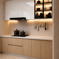 Ensemble d'îlots de cuisine modulaires en bois blanc brillant de luxe avec LED intégrées et évier pour appartement moderne