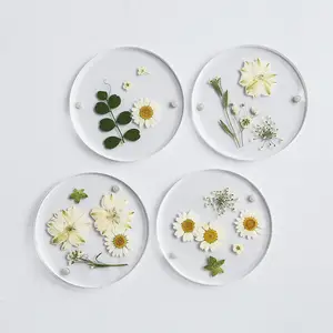 4 Pack Pressed Flower Circle Acrylic Coasters with Magnets 3.5inch Round Plastic Coaster Set DIY Dried Flower Coaster