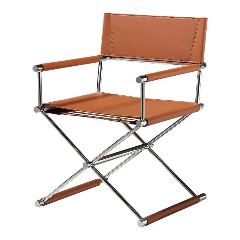 Fauteuil simple au design unique Selle de jambe en acier inoxydable croisée Chaise longue en cuir Salon de bureau