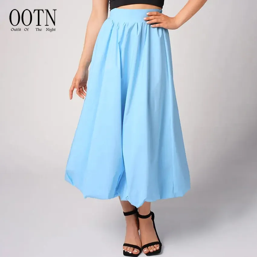 OOTN 2024 Autumn Pleated Long Skirt Female Vintage Chic Women Fashion Red Party Midi Skirt Elegant Loose Blue Skirts