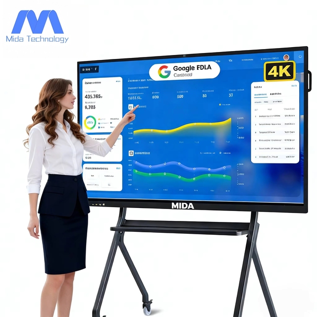 MIDA 4K Digital Smart Board Wireless Screen Sharing Android14 4/8GB RAM 128GB IFPD Smart White Board AI Camera with Mobile Stand