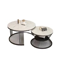 Ensemble de tables basses rondes en pierre de luxe léger, style minimaliste moderne, tables rétractables multifonctionnelles à double niveau pour salon