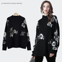 Pull-over pour femme en maille plate OEM&ODM, broderie florale de luxe avec perles et sequins, style artistique haut de gamme, faible MOQ