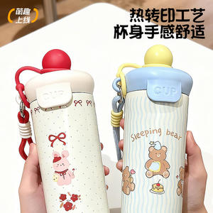 ขวดน้ำสแตนเลสลายการ์ตูนน่ารัก 500 มล. พร้อมฝาปิดหลอดดูด แก้วเก็บความเย็นแบบพกพาสำหรับเด็กและผู้ใหญ่ - Product Image 2