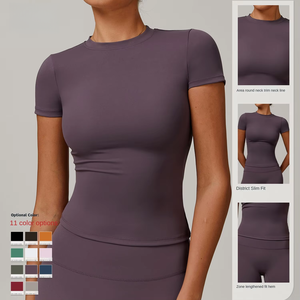 T-shirt de yoga respirant et anti-transpiration en spandex/nylon, coupe ajustée, séchage rapide, manches courtes, col rond, haut de fitness, chemisier - Product Image 1