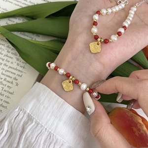 Yinruitai S925 Sterling Silver Pearl <b>Bracelet</b> With Red <b>Beads</b> And Gold Shield Charm For Women Everyday Wear - Product Image 2