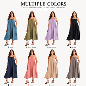 Vestido Maxi de Talla Grande con Tirantes Finos, Cuello Cuadrado, Diseño con Bolsillos, Holgado, Transpirable y Ligero, Color Sólido, Venta al por Mayor - Product Image 2