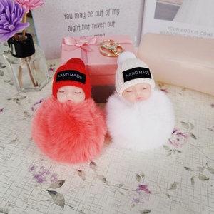 Porte-clés poupée bébé endormi en peluche avec pompon en fourrure de lapin, breloque de sac à main, cadeaux de Noël - Product Image 3