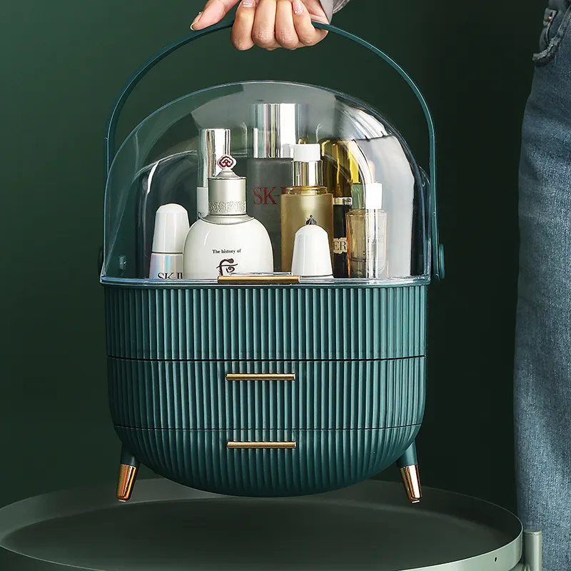 Organizador portátil grande para el cuidado de la piel, vitrina de almacenamiento de cosméticos, cajón de maquillaje a prueba de polvo para encimera, tocador de baño