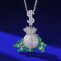 Pendentif Sac d'argent Moissanite VVS Iced Out, Plaqué Rhodium, Symbole Dollar, Style Hip Hop, Effet 3D, Bijoux Streetwear