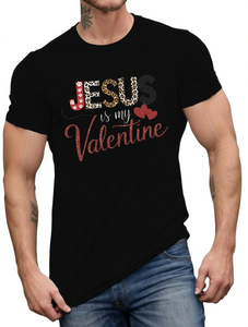 T-Shirt Grafica 'Jesus Is My Valentine' Nera a Maniche Corte, Maglietta Casual da Uomo per San Valentino in Cotone Stampato con Collo Tondo e Vestibilità Regolare - Product Image 1