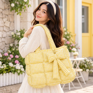 Yellow Solid Color Puffy Quilted Tote <b>Bag</b> with Chains Embroidery Zipper Closure Cotton Preppy Style <b>Travel</b> Handbag for <b>Women</b> - Product Image 1