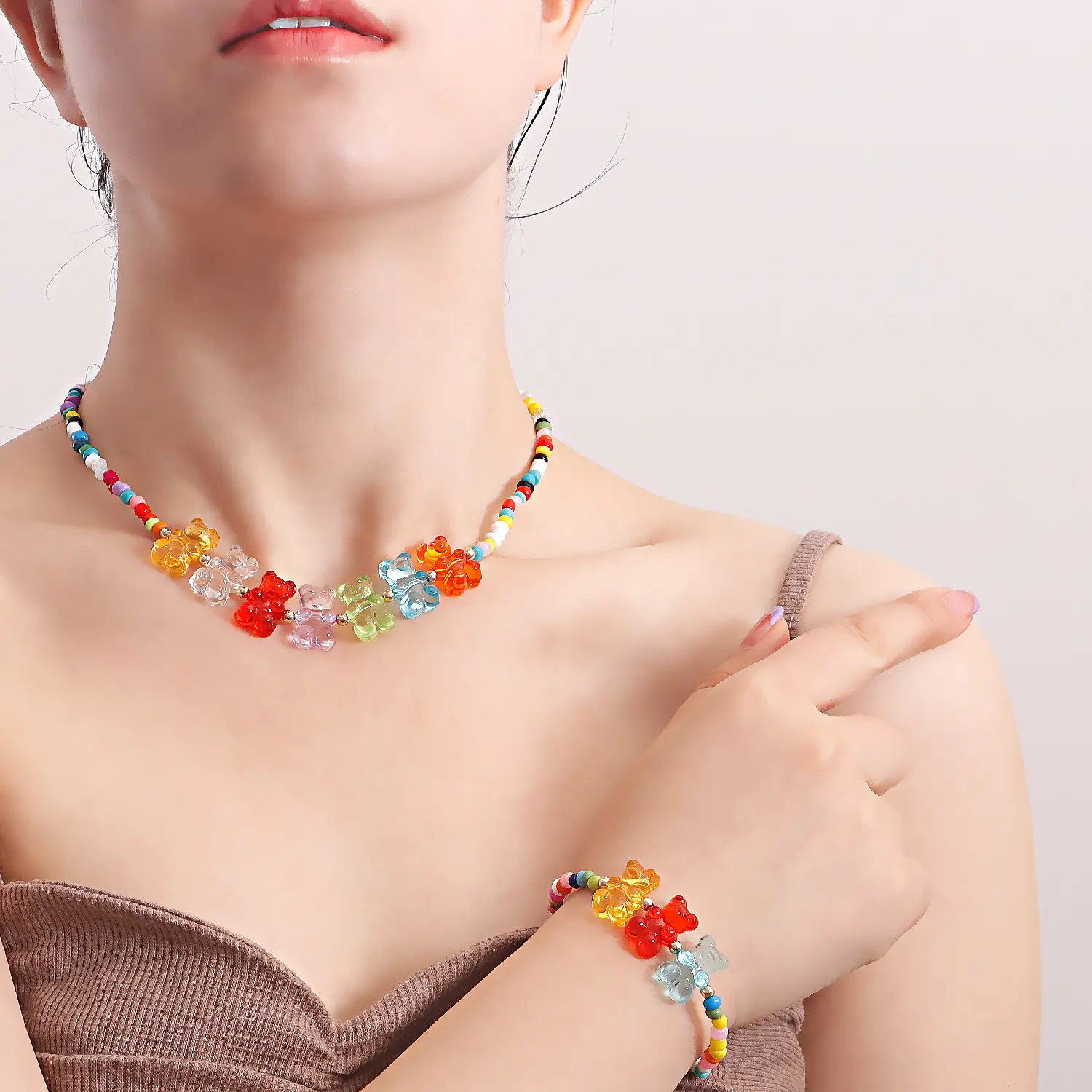 Set perhiasan desainer buatan tangan kalung Bohemian manik-manik berwarna Beruang set perhiasan permen musim panas set perhiasan gelang anak-anak