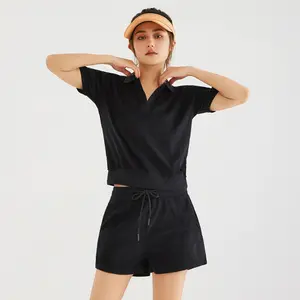 Woman 100% cotton custom polo t shirts and shorts solid color casual slim fit summer street polo shirts shorts two pieces sets