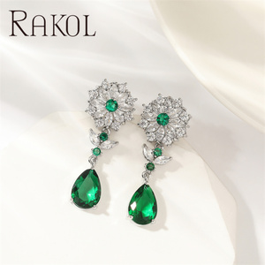 Rakol EP5638 Cinnabar <b>Gold</b> Flower Zirconia <b>Emerald</b> Luxury Bridal <b>Earrings</b> Jewelry - Product Image 4