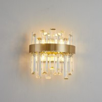 Lustre LED à tiges de cristal à étages, suspension de luxe en verre K9 avec anneaux prismatiques, applique murale en laiton doré pour grand hall d'entrée et villa