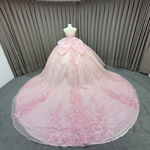 Vestido de noche largo hasta el suelo con perlas de satén y cola lateral, para fiesta de boda, graduación, verano, con decoración de encaje, cintura y cola capilla, para Quinceañera - Product Image 6