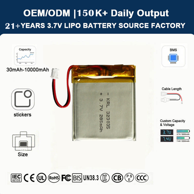 OEM Custom Lipo Lithium Polymer Battery 3.7V 323035 285mAh Rechargeable Pouch Cell for Smart Home