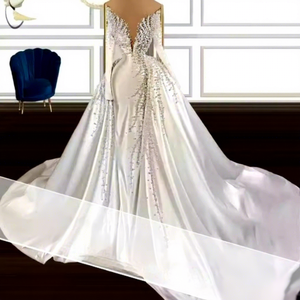 Vestido de Novia Africano Moderno al por Mayor, Manga Larga, Espalda de Encaje, Satén, Largo hasta el Suelo, Silueta Sirena/Trompeta para Novias - Product Image 1