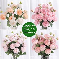 Vente en gros mini bouquet de roses pivoines artificielles à 3 branches fleur en tissu avec plastique de soie pour la décoration intérieure de mariage pour la Saint-Valentin