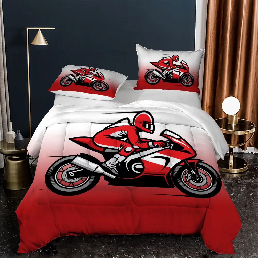 Motorcycle Bedding Sets King Queen Racer Duvet Cover for Men Extreme Sport Dirt Bike 2/3 Pcs Polyester Quilt Cover Red Motocross