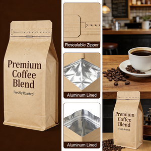ถุงบรรจุภัณฑ์กาแฟแบบก้นแบน ทำจากกระดาษคราฟท์เคลือบฟอยล์อะลูมิเนียม พิมพ์ลายตามสั่ง พรีเมียม พร้อมโลโก้ส่วนตัว สำหรับร้านกาแฟ - Product Image 3