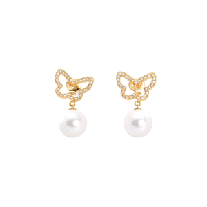 Pendientes de Mariposa de Cristal con Perla Colgante, Chapados en Oro PVD, Acero Inoxidable 316L, Sostenibles y Resistentes - Product Image 2