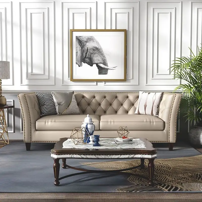Luxo americano sofá conjunto mobília sala de estar sofás botão sofá marrom clássico vintage top couro genuíno chesterfield sofá