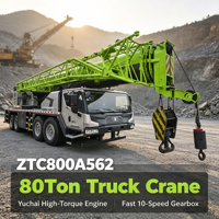 Grue mobile hydraulique d'occasion efficace de 80 tonnes à 5 sections montée sur camion pour la construction en usine