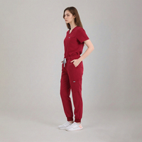 Ensembles d'uniformes médicaux de gros bordeaux à col en V, pantalon jogger taille élastique avec cordon de serrage, tenues médicales tendance