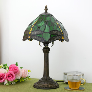 American Country Tifany <strong>Stained</strong> <strong>Glass</strong> Desk <strong>Lamp</strong> Green Dragonfly Design Dome <strong>Shade</strong> E26 Farmhouse LED Bedroom Bedside Room Use - Product Image 2