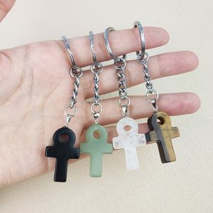 Haute qualité pierre précieuse naturelle croix porte-clés améthyste Rose Quartz <span class=keywords><strong>oeil</strong></span> de tigre opale Anka pendentif avec crochet en cuivre pour accessoire de sac - Product Image 1