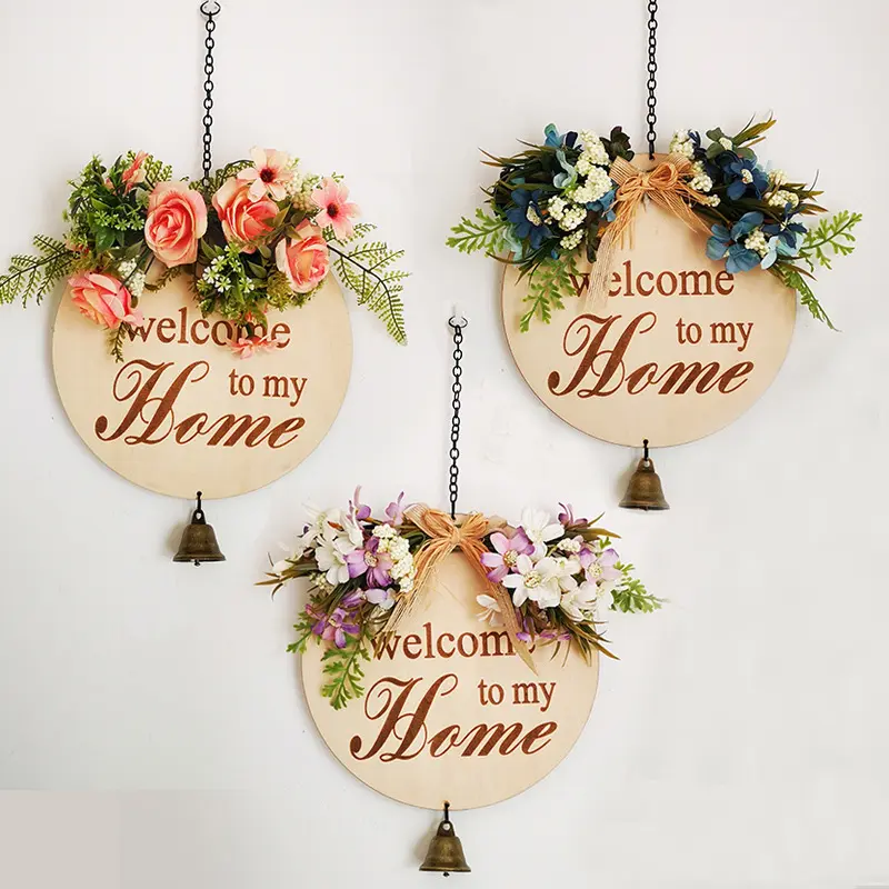 Wooden Welcome To My Home Logo Simulation Flower Accessories Letter Printing With Bell Pendant Wood Decoration
