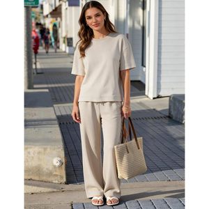 Conjunto de 2 Piezas para Mujer, Sudadera de Manga Corta y Pantalones Anchos a Juego, Ropa Casual Transpirable para Verano, con Bolsillos, Ideal para Viajes y el Aeropuerto - Product Image 2