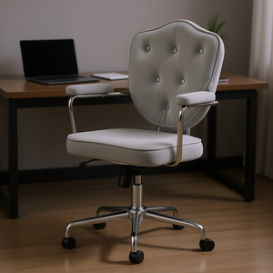 Gray Swivel Office <b>Chair</b> Tufted <b>Back</b> Velvet Fabric Computer Desk <b>Chair</b> Chrome Base Manual Adjustment Fixed Armrest - Product Image 2