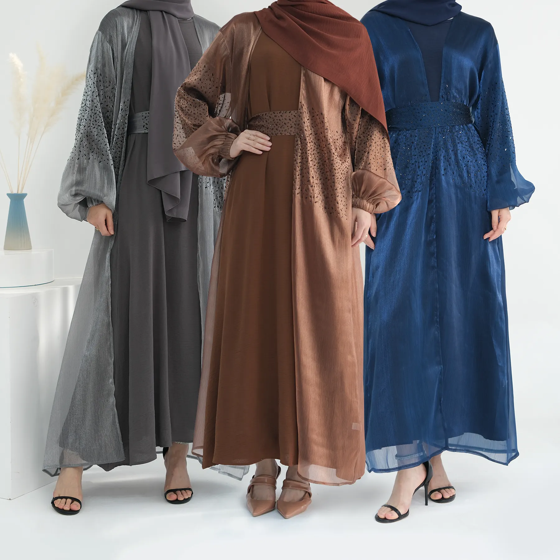 2024 EID Abaya 2 pièces ensemble manches bouffantes ouvert Abaya avec perles brillantes intérieur à manches longues robe de base modeste mode ensemble Abaya