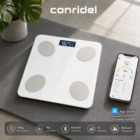 Balance numérique Conridel CS928 avec écran LCD rétroéclairé, capacité de 180 kg, corps en verre, surveillance de la composition corporelle via application, alimentée par batterie, design moderne