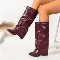 Bottes plissées à talons hauts et épais pour femme, hauteur genou, avec boucle de ceinture, couleur unie, été hiver, pour le marché international